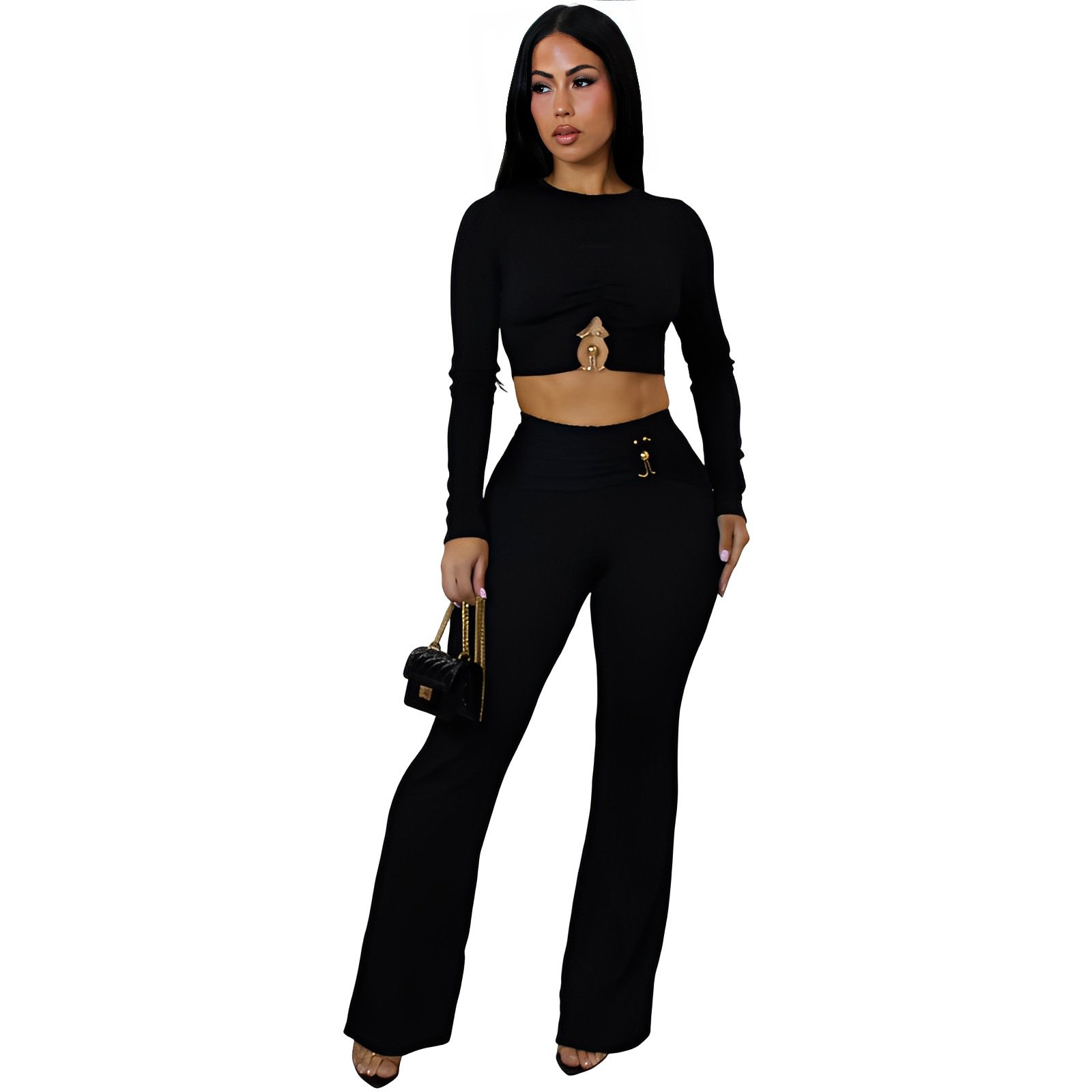 Women's Slim-fit Sexy Hollow-out Top And Flared Pants Two-piece Set - Image 3