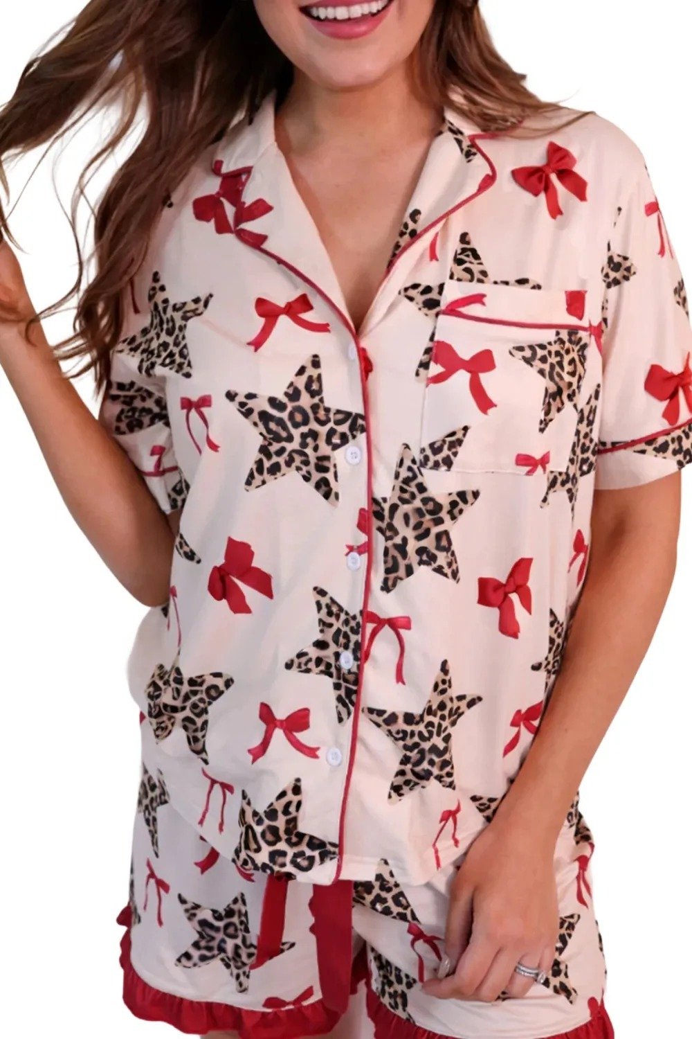 White Leopard Star Ribbon Bow Print Contrast Trim Short Pajama Set - Image 3