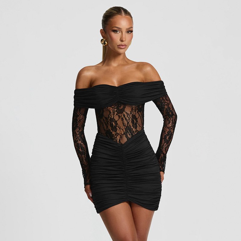 Women's Off-the-Shoulder Lace Patchwork Sheath Mini Dress - Image 3