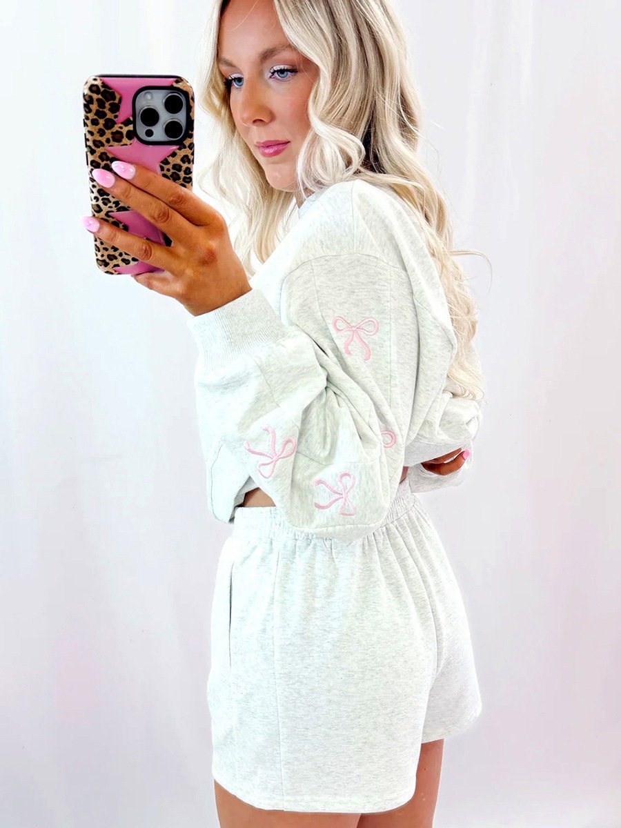 Casual Loose-fit Crew-neck Pullover Solid-color Embroidered Long-sleeve Top And Shorts Set - Image 5