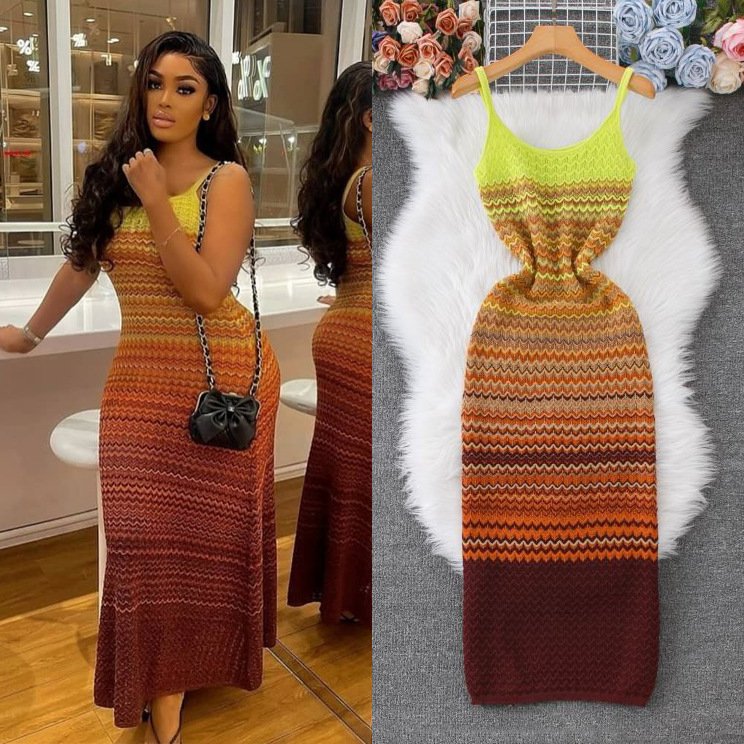 French-style Vintage Ombre Striped Sleeveless Slip Knit Dress