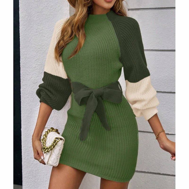 Women's Color Block Sweater Midi Dress - Fall Long Sleeve Bodycon Dress With Tie Waist