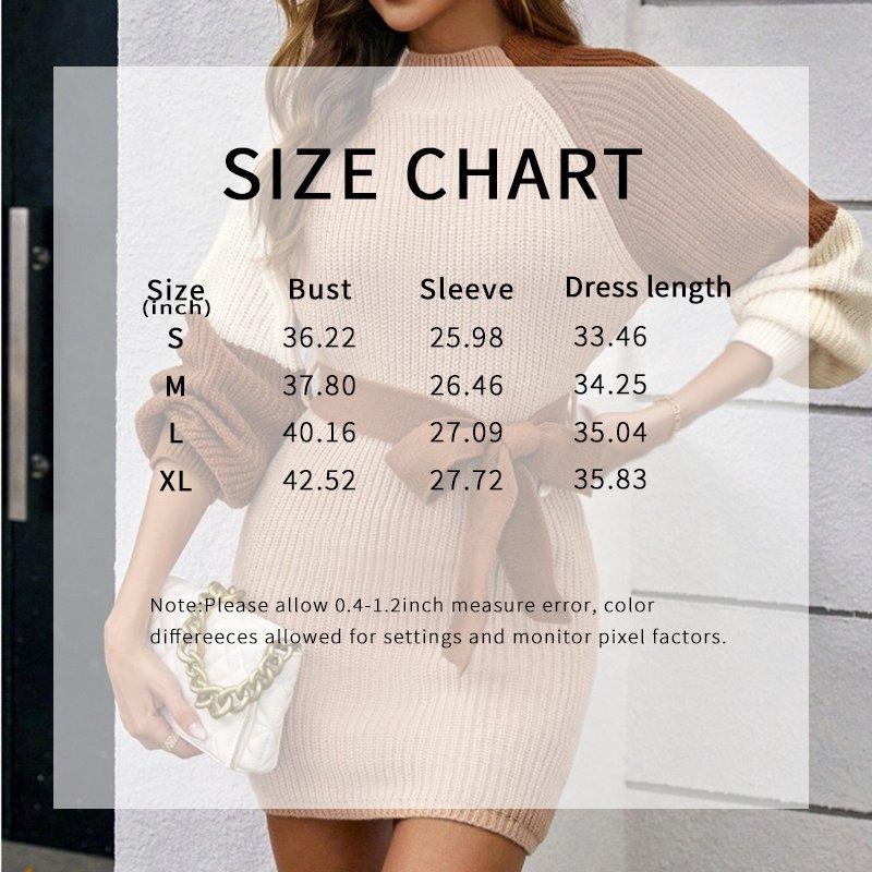 Women's Color Block Sweater Midi Dress - Fall Long Sleeve Bodycon Dress With Tie Waist - Image 4