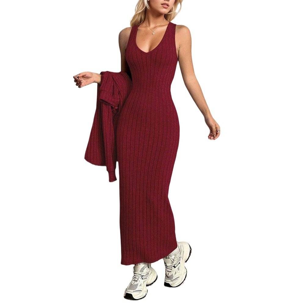 Elegant Commuter-style Light Mature Knitted Slip Dress Two-piece Set - Image 5