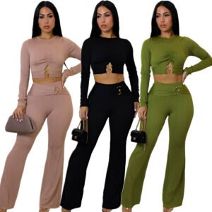 Women's Slim-fit Sexy Hollow-out Top And Flared Pants Two-piece Set