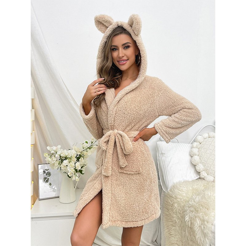 Plush Loungewear Robe Thickened Bathrobe Hooded Sleepwear With Drawstring - Image 6
