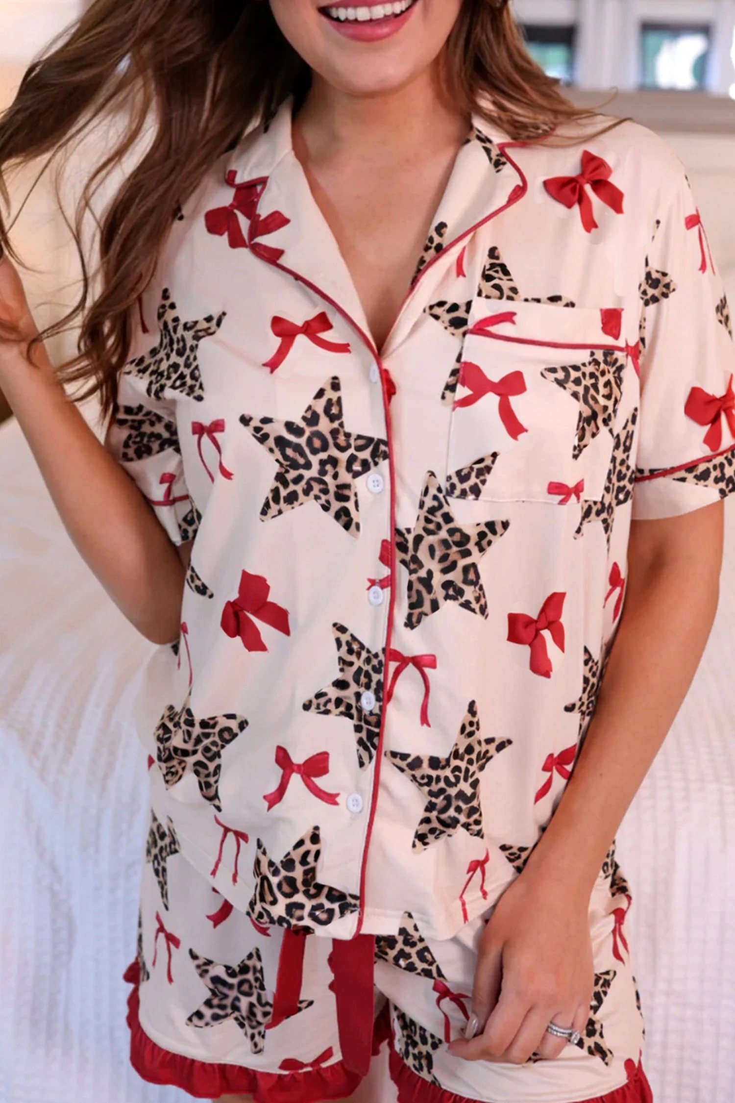 White Leopard Star Ribbon Bow Print Contrast Trim Short Pajama Set - Image 2