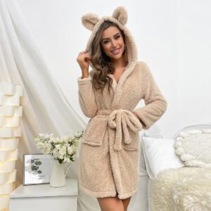 Plush Loungewear Robe Thickened Bathrobe Hooded Sleepwear With Drawstring