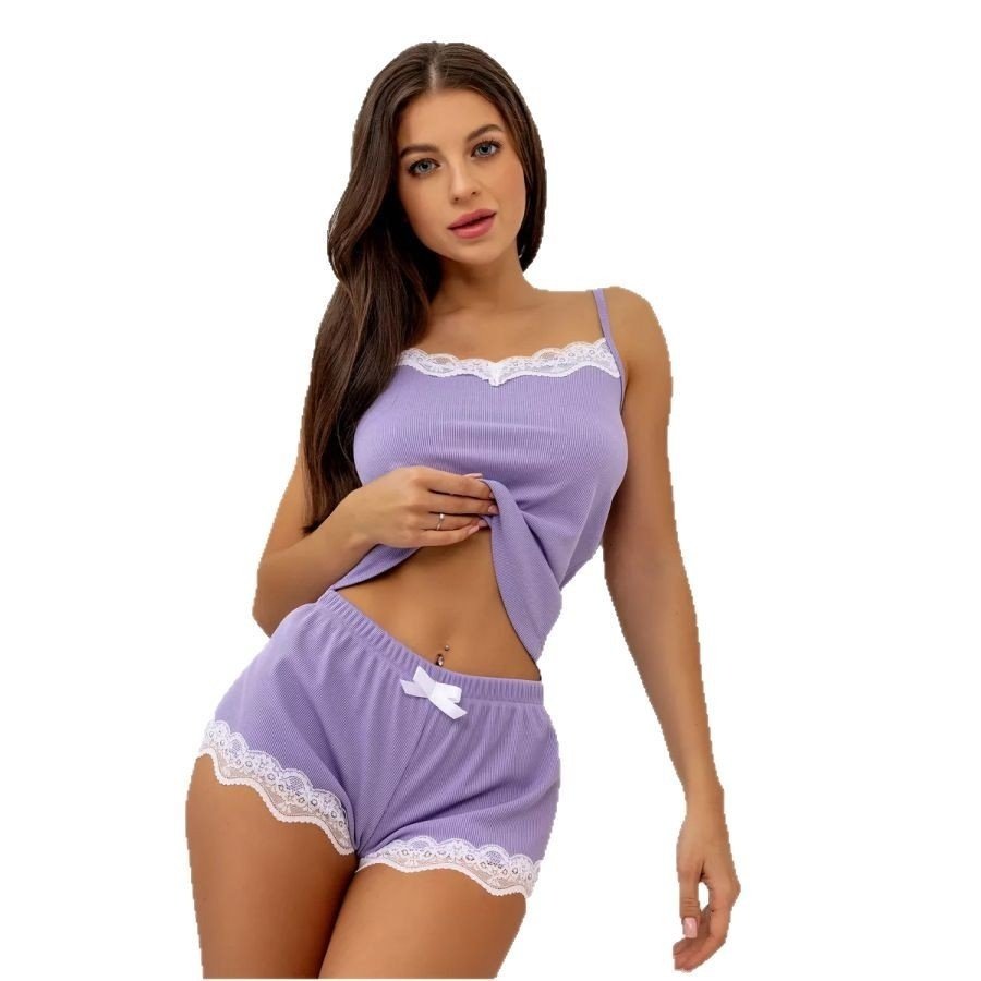 Women's Lace-trimmed Ribbed Camisole And Shorts Pajama Set - Image 6