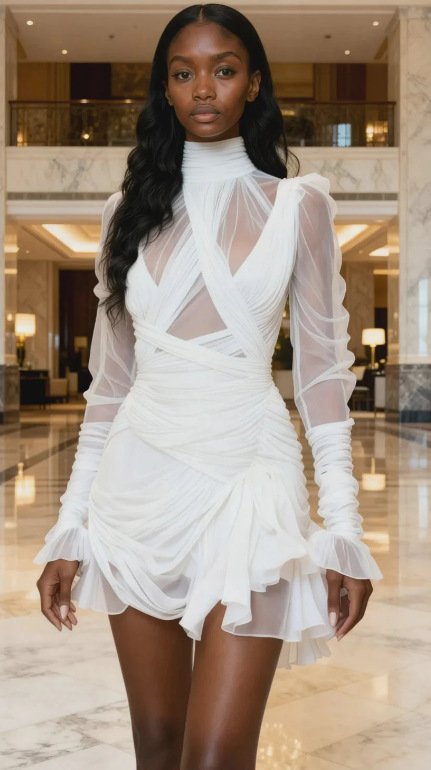 Women's Ruffle Trimmed High Neck Pleated Patchwork Dress - Image 7