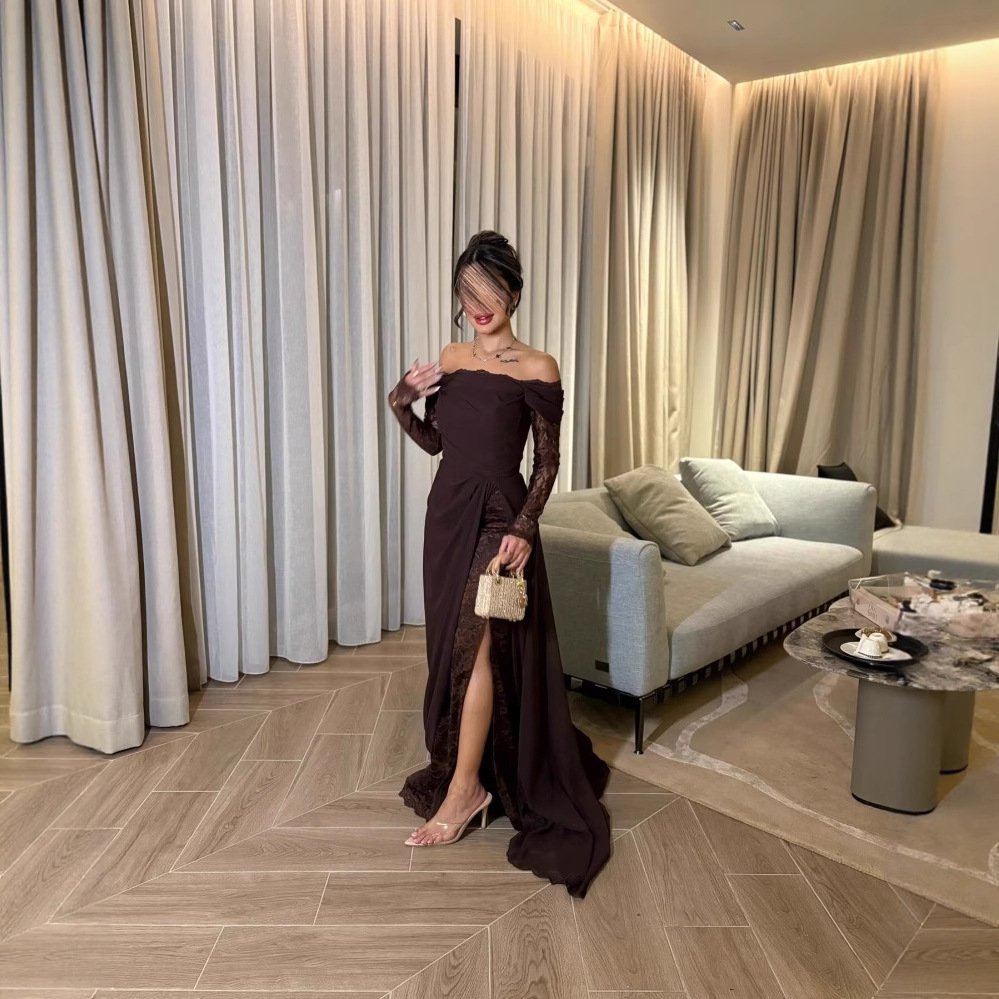 Off-the-shoulder Patchwork Lace Long-sleeve Flared Elegant Vintage Dress - Image 4