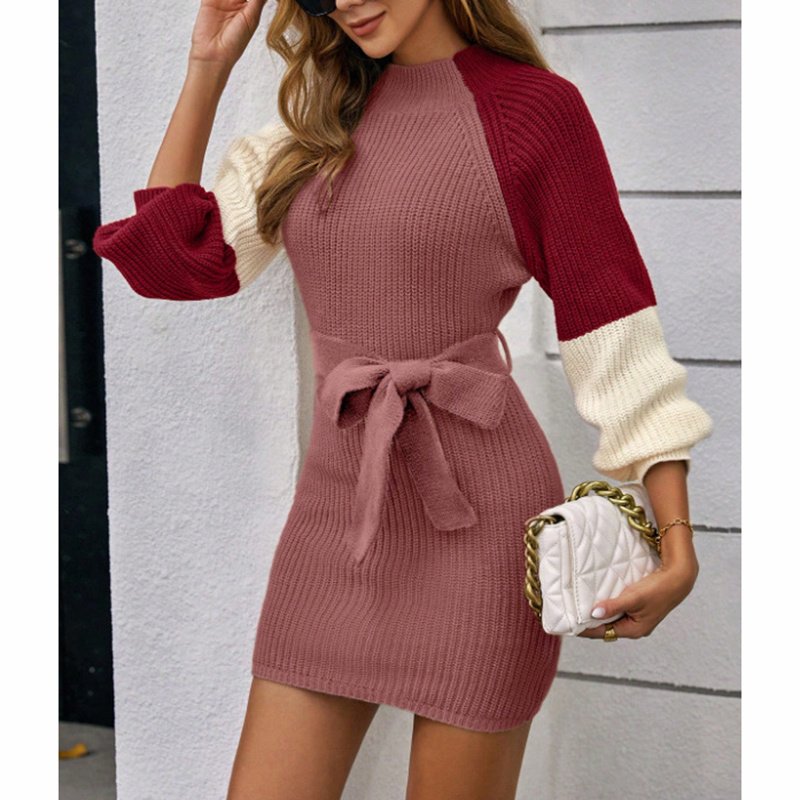 Women's Color Block Sweater Midi Dress - Fall Long Sleeve Bodycon Dress With Tie Waist - Image 9