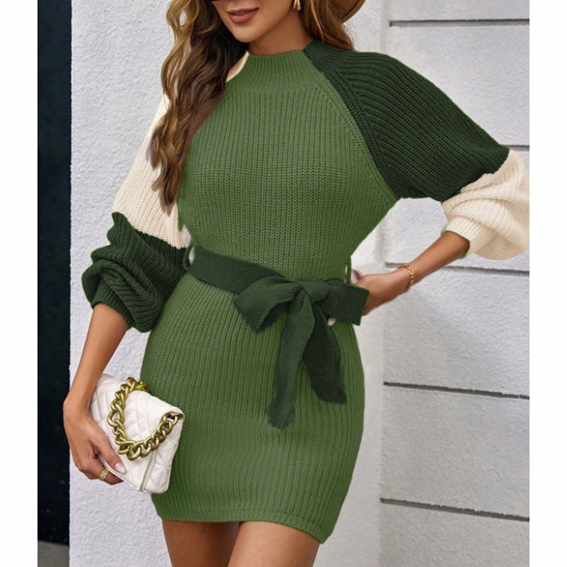 Women's Color Block Sweater Midi Dress - Fall Long Sleeve Bodycon Dress With Tie Waist - Image 7