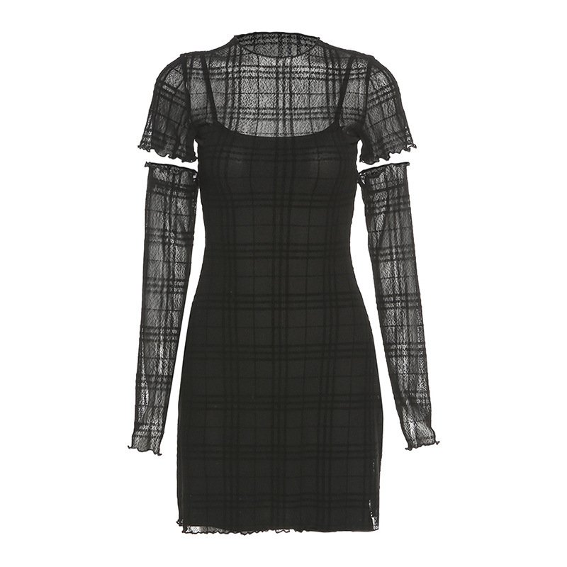 Elegant High-waist Body-hugging Plaid Three-piece Dress Set - Image 3