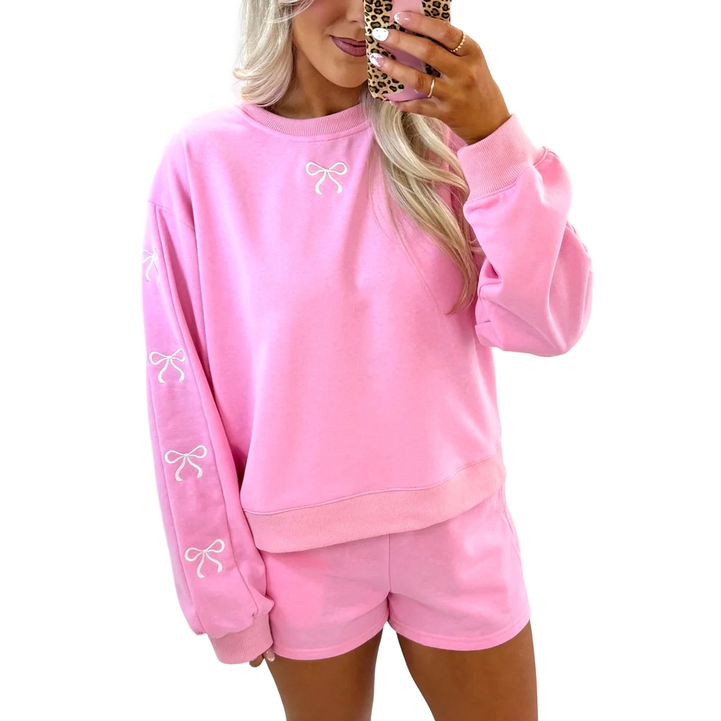 Casual Loose-fit Crew-neck Pullover Solid-color Embroidered Long-sleeve Top And Shorts Set - Image 3