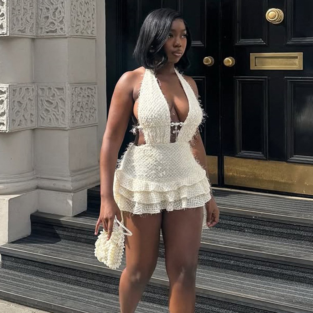 V-neck Hollow-out Pouf Skirt With Neck-tie Straps And A Backless Fine-fiber Mini Skirt - Image 5