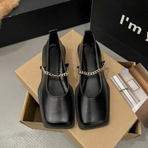Women's Square Toe Metal Chain Strap Slip On Flats - Casual Dress Comfortable Loafers