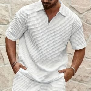 Men's Casual Jacquard Short-Sleeve Polo Shirt And Shorts Set