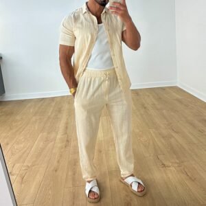 Men's Loose-fitting Collar Short-sleeved Long Pants Trendy Men's Clothing Suit