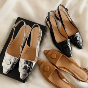 French Retro Metal Buckle Pointed Toe Slingback Flats For Women