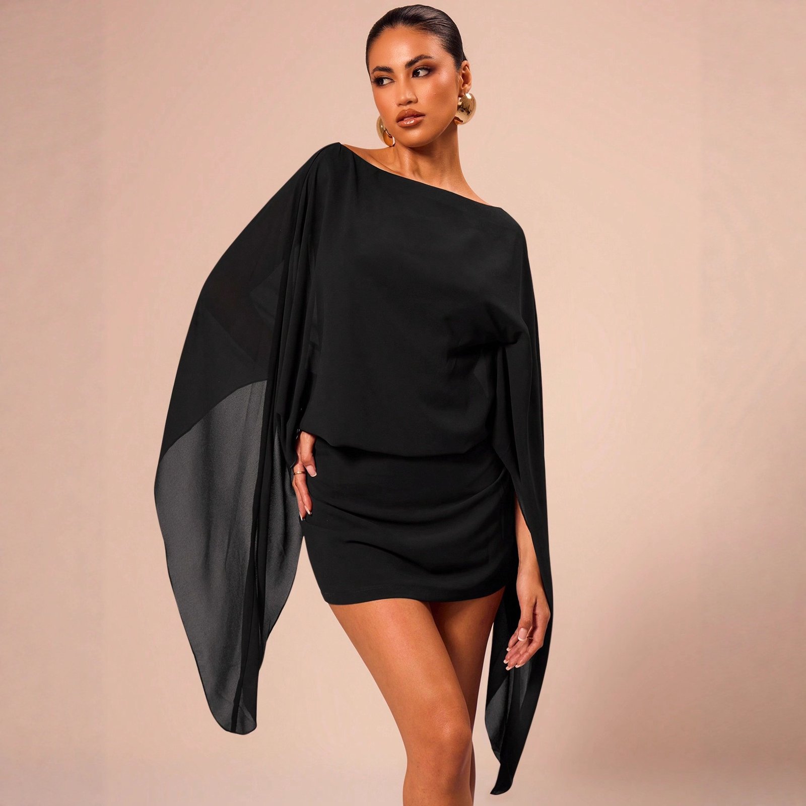 New Wine-red Off-shoulder Cloak-style Mini Dress - Image 2