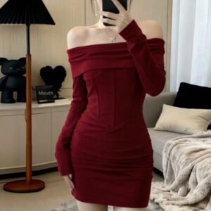 Off-shoulder Long-sleeve Womens Spring Slim-fit Dress