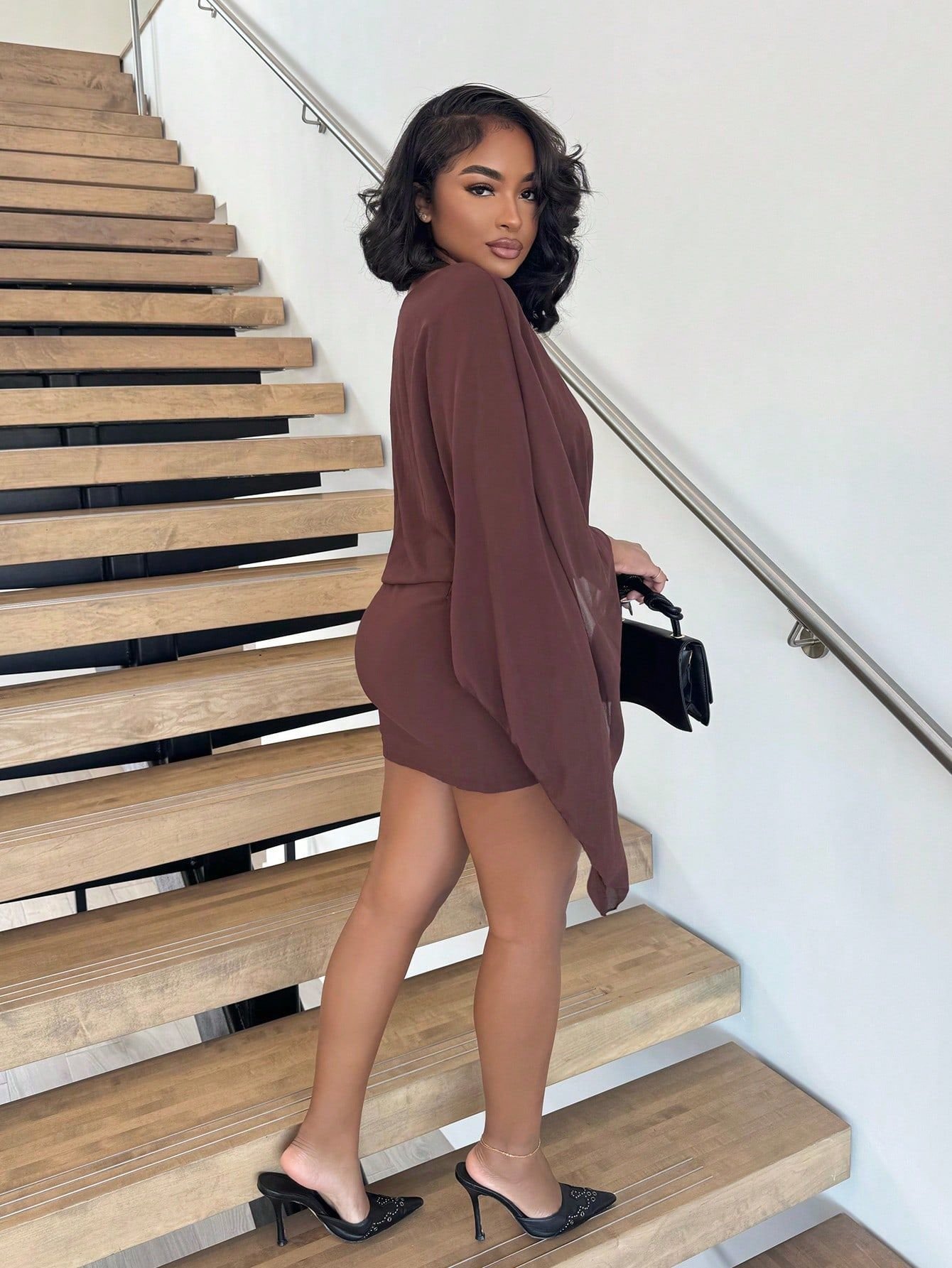 New Wine-red Off-shoulder Cloak-style Mini Dress - Image 7