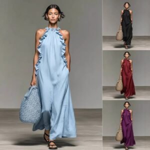 Resort Style Ruffled Halter Neck Sleeveless Maxi Dress - Loose Fit Flattering Flowy Skirt For Party Evening Gown