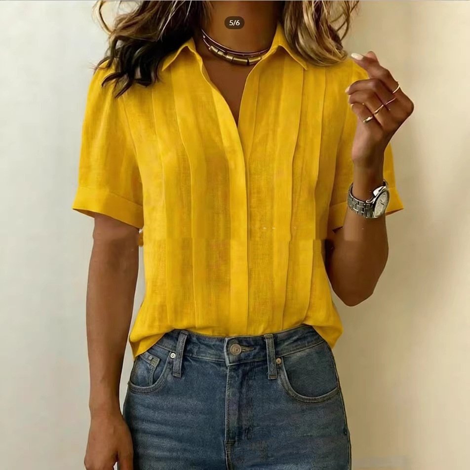 Turn-down Collar, Short-sleeve, Loose-fit Pleated Cotton Shirt - Image 5