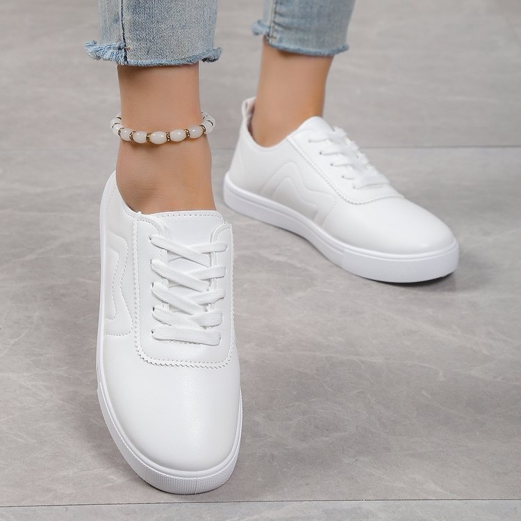 Round Toe Flat Bottom Lace Up Casual Comfortable White Shoes - Image 8