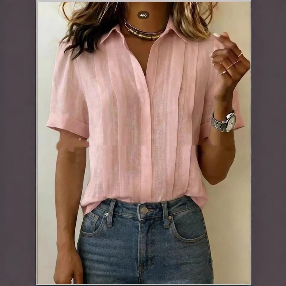 Turn-down Collar, Short-sleeve, Loose-fit Pleated Cotton Shirt - Image 3