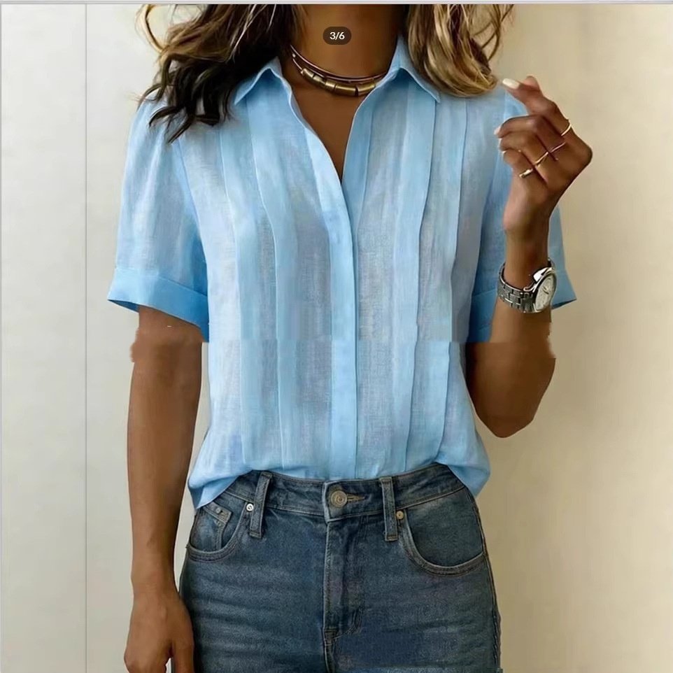 Turn-down Collar, Short-sleeve, Loose-fit Pleated Cotton Shirt - Image 2