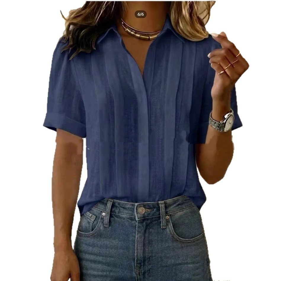 Turn-down Collar, Short-sleeve, Loose-fit Pleated Cotton Shirt - Image 4