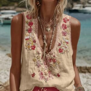 Womens V-Neck Tank Top With A Botanical Floral Print