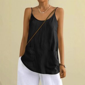 Cotton And Linen Camisole Womens Loose-Fitting Top With Pockets