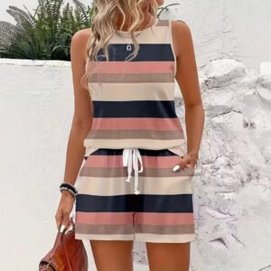 Striped Print Sleeveless Two-Piece Set For Women