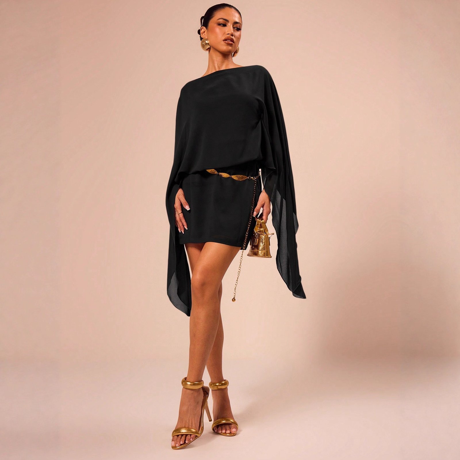 New Wine-red Off-shoulder Cloak-style Mini Dress - Image 3