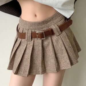 Retro College Houndstooth Pleated Skirt A- Line High Waist