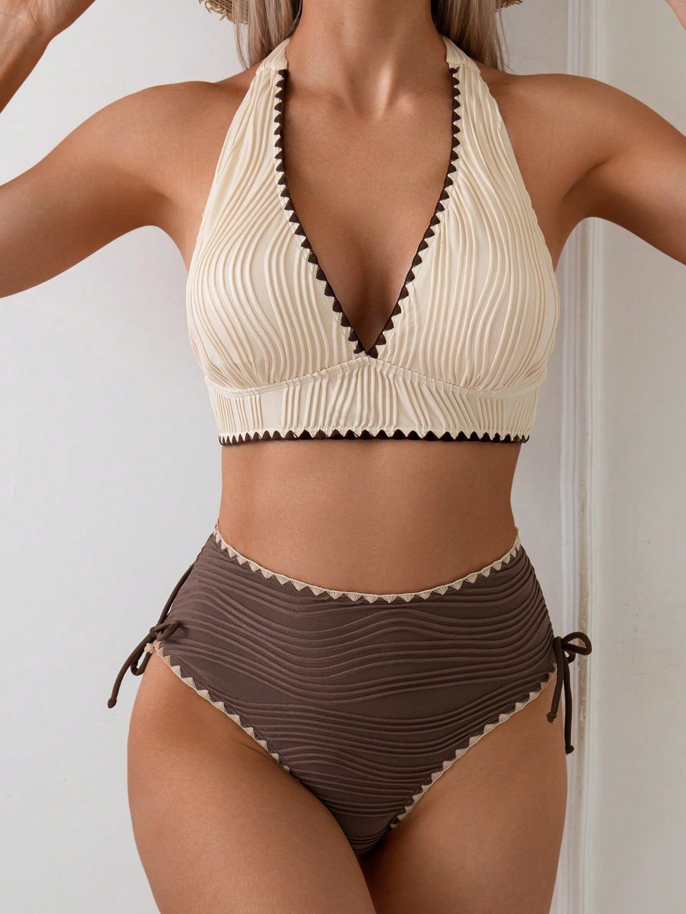 Women's Contrast-Colored Bikini Women's Two-Piece Lace Trim Swimsuit - Image 3