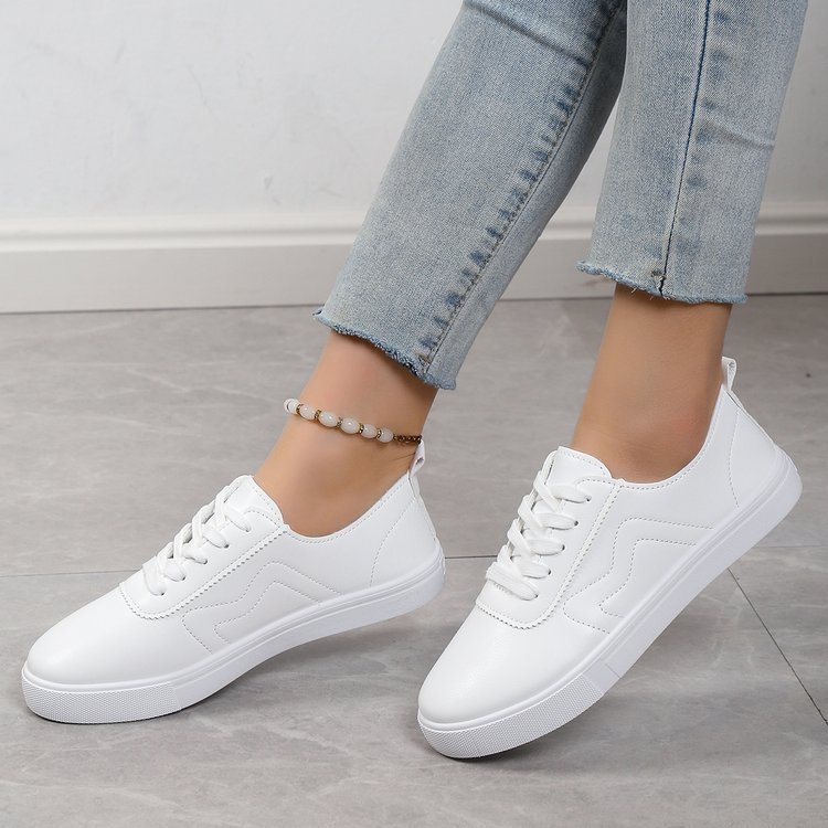 Round Toe Flat Bottom Lace Up Casual Comfortable White Shoes - Image 6
