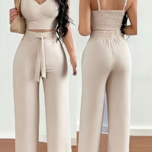 2pcs Women'S Thin Strap Elastic Cami And Wide-Leg Pants (Front Tie) Set, Suitable for Casual Vacation Holiday Gift