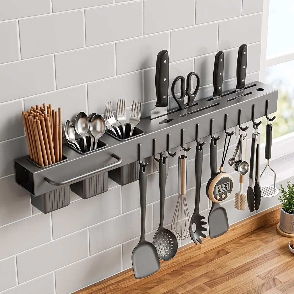 1pc, 2025 New Multi-Functional Wall-Mounted Kitchen Storage Rack - Heavy-Duty Carbon Steel Knife Rack, No Drilling Installation, Suitable for Storing Knives, Cutlery And Cutting Boards in Homes Or Restaurants. Space-Saving Design, Utility Racks