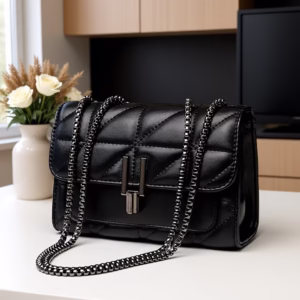 A Women'S Black Plaid Crossbody Bag with a Stylish Chain Shoulder Strap, Featuring a Flap Closure And PVC Lining, Designed for Ladies - Urban Style, Not Washable