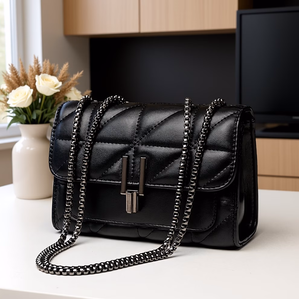 A Women'S Black Plaid Crossbody Bag with a Stylish Chain Shoulder Strap, Featuring a Flap Closure And PVC Lining, Designed for Ladies - Urban Style, Not Washable