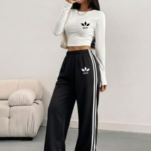 Women's Casual 2pcs Set, Featuring a Long-sleeve Cropped Top with Letter Print and Side Stripe Wide-leg Sweatpants. Y2K Street Style Home Leisure Set for Spring, Summer, and Autumn