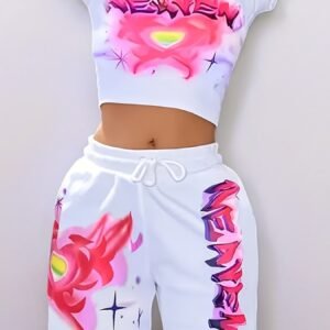 M-1002 Women's Heart and Letter Print Short Sleeve Top and Waist Shorts Two-Piece Set