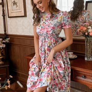 European And American Romantic Colorful Floral Short-Sleeved Mid-Length Dress