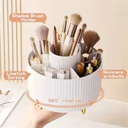 360° Rotating Makeup Organizer - 1pc Plastic Cosmetic Storage with 5 Compartments - Multi-Functional Holder for Brushes, Lipsticks, Skin Care Products, and Stationery - Durable Unscented Desk Caddy with Luxury Stripe Design - Image 4