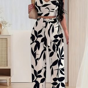 2-piece Women's Set with Thin Strap Stretch Camisole and Wide-leg Pants (front Tie) for Casual Vacation Wear
