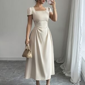 Elegant French Style Square Neck Bodycon Dress | Bubble Sleeve, Waist-Cinching, Solid Color, Perfect For Spring/Summer